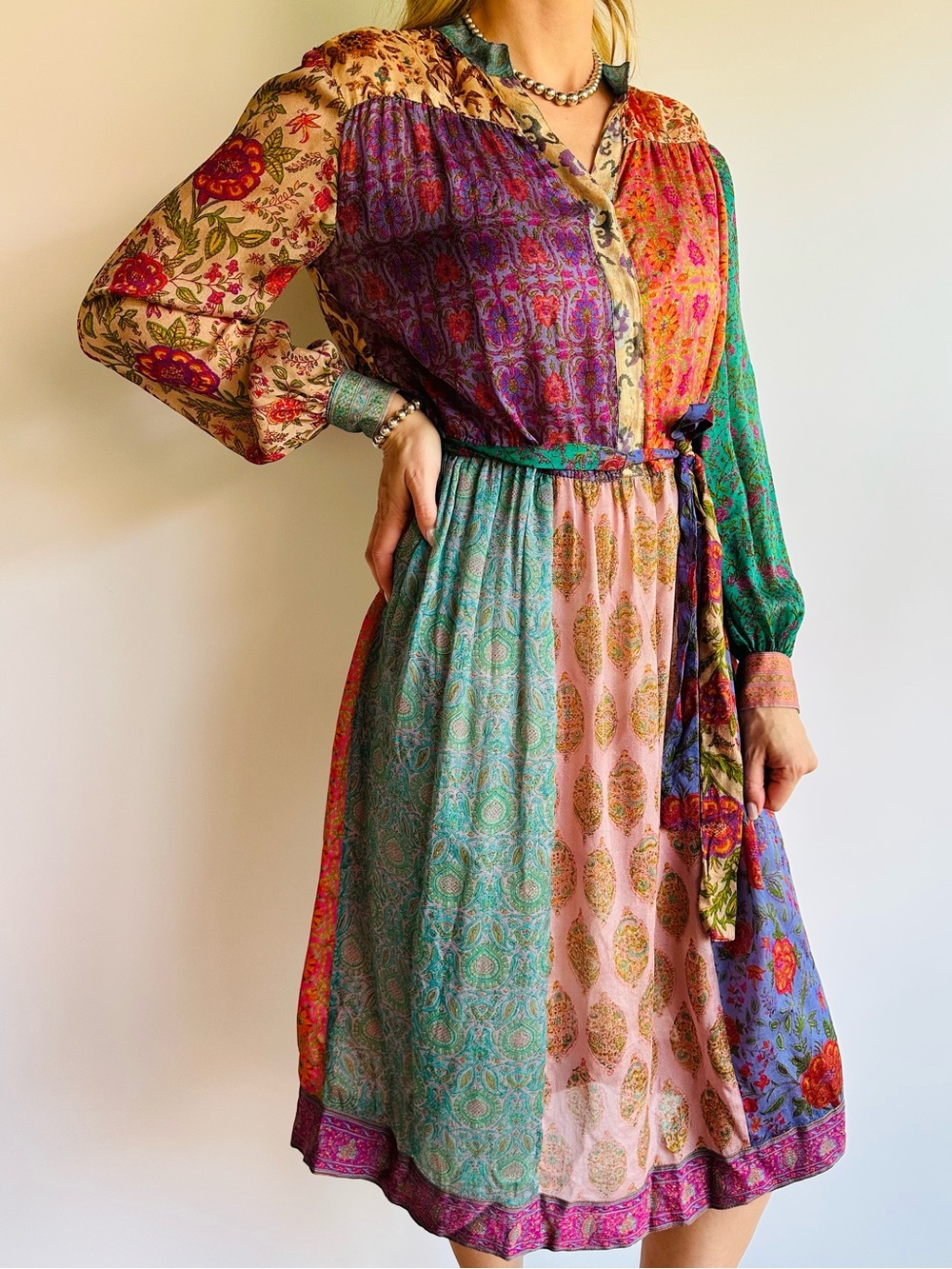 Vintage Judith Ann For Heiser-Egan 100% Silk Patchwork Boho Midi Dress Tie Waist - Picture 4 of 10